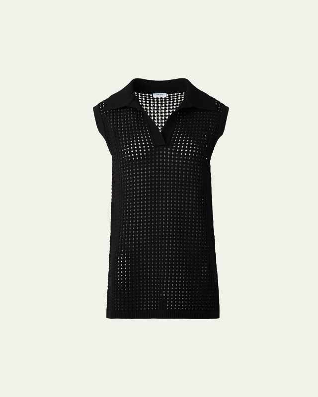 Long Chunky Mesh Knit Polo Top